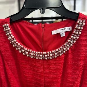 Studio One Red Embellished Mini Dress with Crew Neck